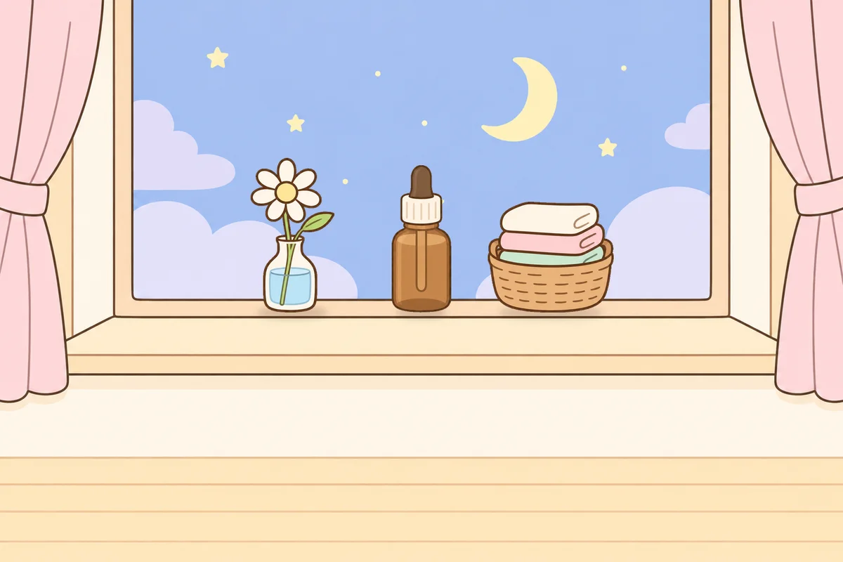 중랑구 여성전용 홈케어 후기 안내 그림, 밤 창가 창턱 위의 데이지 꽃병, 오일병, 수건 바구니