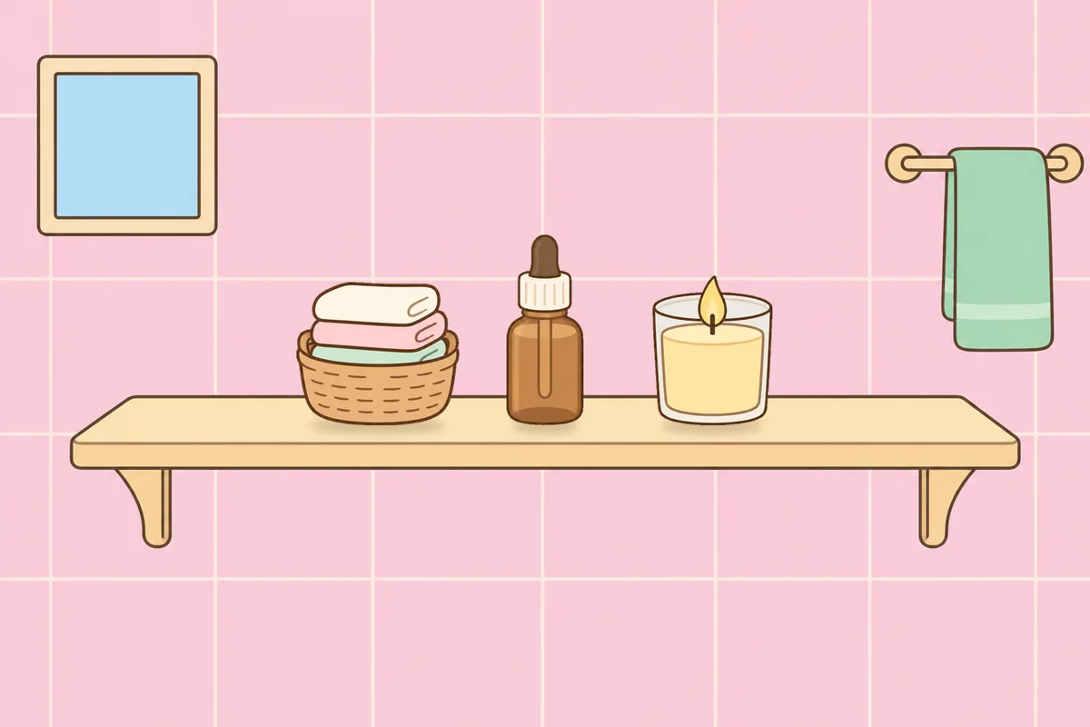 중랑구 여성전용 발관리 추천 안내 그림, 파우더룸 선반 위의 수건 바구니, 오일병, 향초