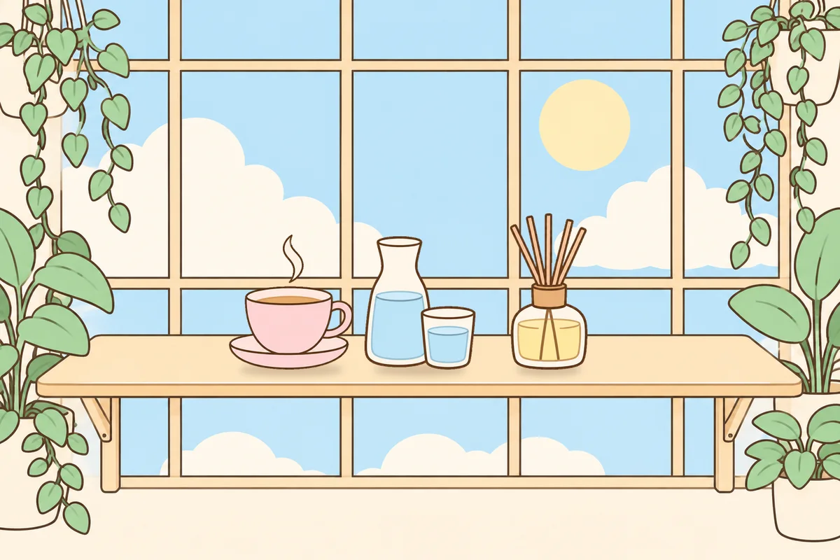 중랑구 여성전용 두피 케어 안내 그림, 햇살 드는 창가 선반 위의 찻잔, 물병, 디퓨저