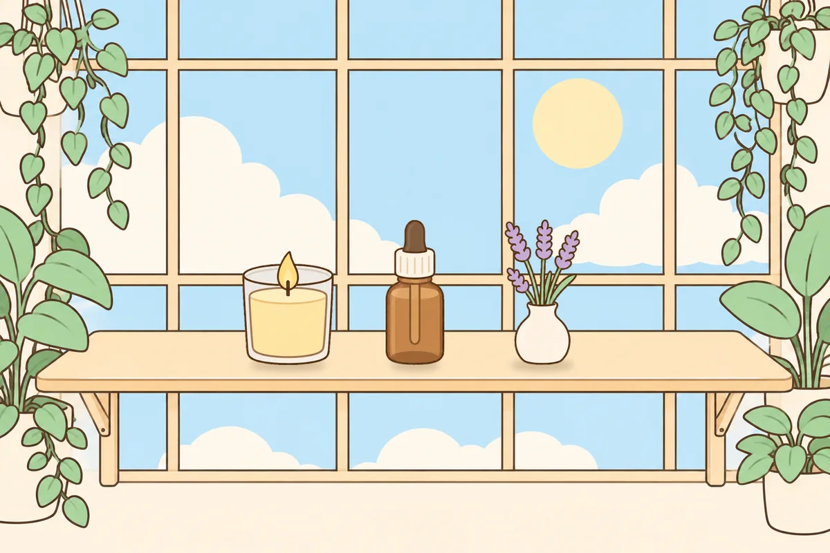 중랑구 여성전용 어깨 마사지 안내 그림, 햇살 드는 창가 선반 위의 향초, 오일병, 라벤더 꽃병