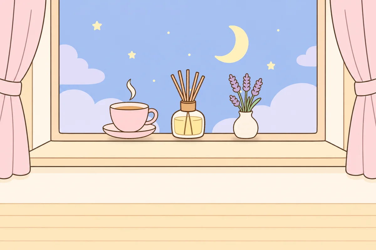 중랑구 여성전용 림프 페이셜 안내 그림, 밤 창가 창턱 위의 찻잔, 디퓨저, 라벤더 꽃병