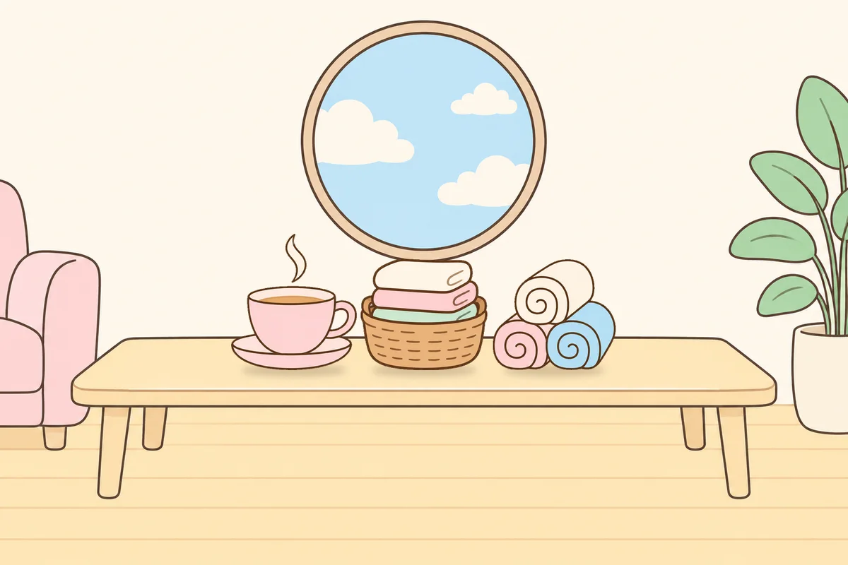 중랑구 여성전용 마사지 후기 안내 그림, 거실 원목 테이블 위의 찻잔, 수건 바구니, 수건