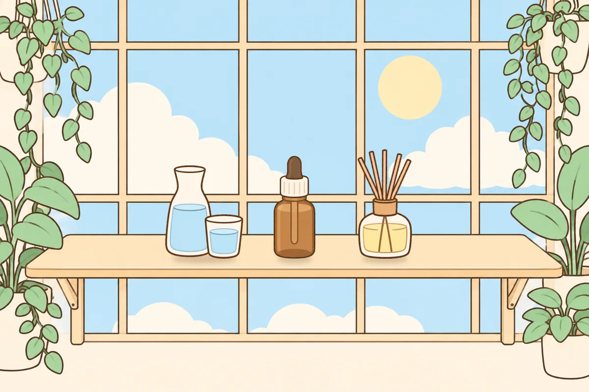 동대문 여성전용 라벤더 아로마 안내 그림, 햇살 드는 창가 선반 위의 물병, 오일병, 디퓨저