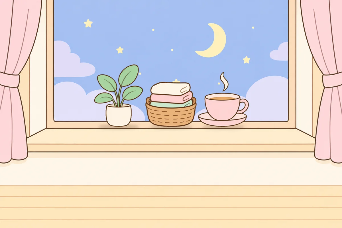 동대문 여성전용 아로마 마사지 후기 안내 그림, 밤 창가 창턱 위의 화분, 수건 바구니, 찻잔