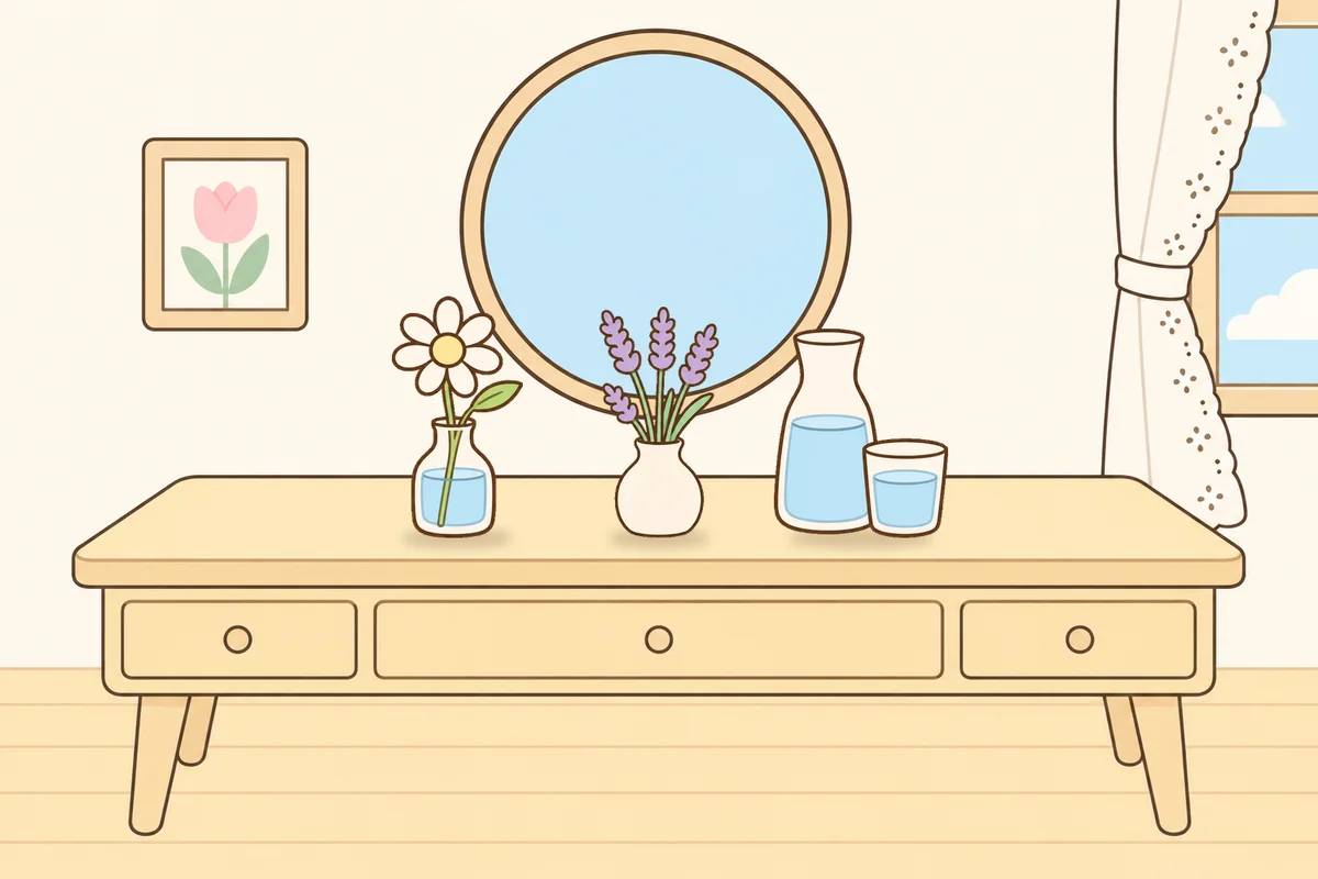 동대문 여성전용 경락마사지 안내 그림, 화장대 위의 데이지 꽃병, 라벤더 꽃병, 물병