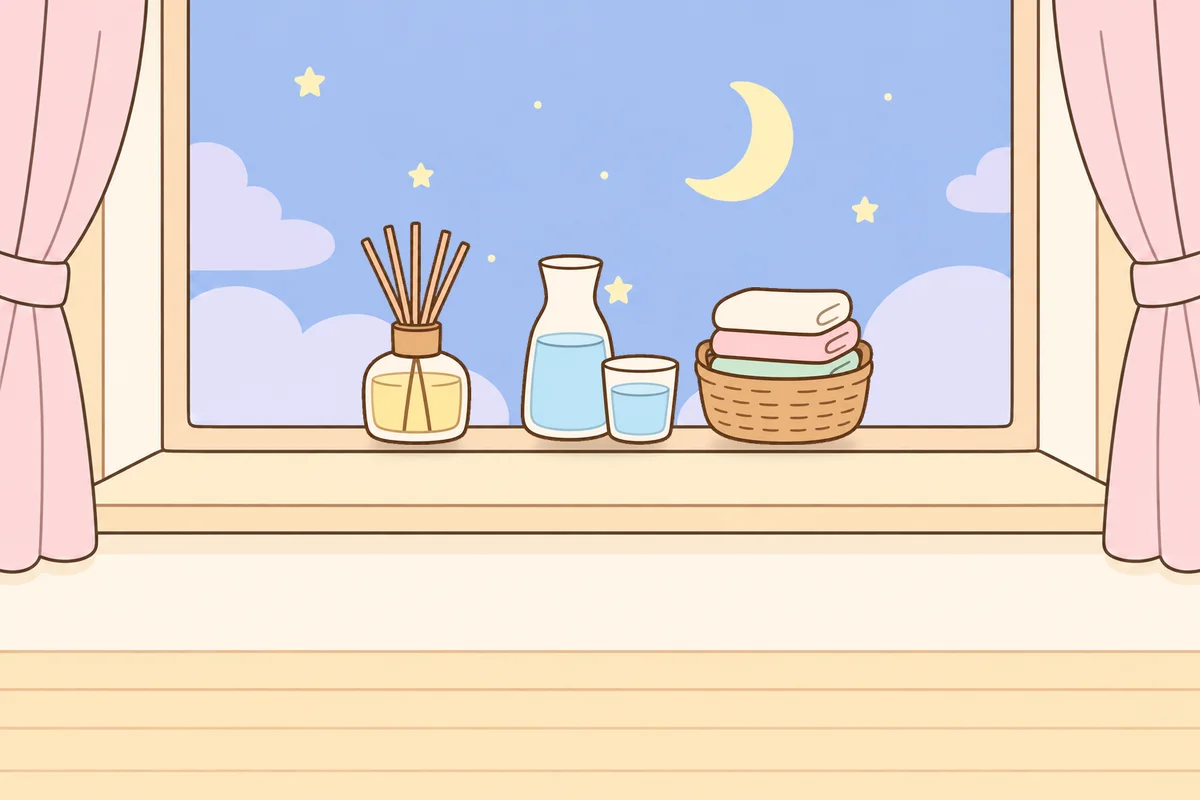 동대문 여성전용 경락 마사지 안내 그림, 밤 창가 창턱 위의 디퓨저, 물병, 수건 바구니