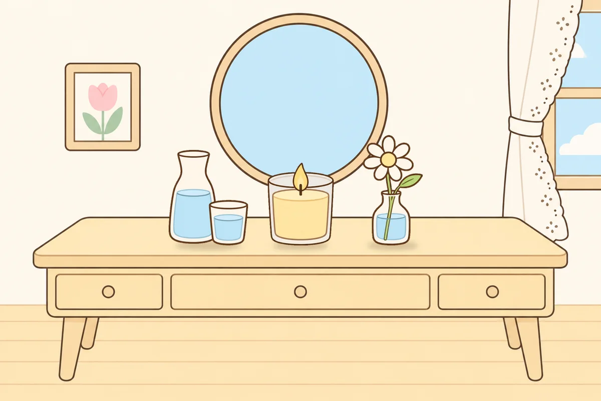 동대문 여성전용 경락마사지 후기 안내 그림, 화장대 위의 물병, 향초, 데이지 꽃병