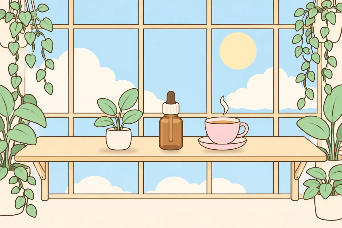 동대문 여성전용 홈케어 안내 그림, 햇살 드는 창가 선반 위의 화분, 오일병, 찻잔