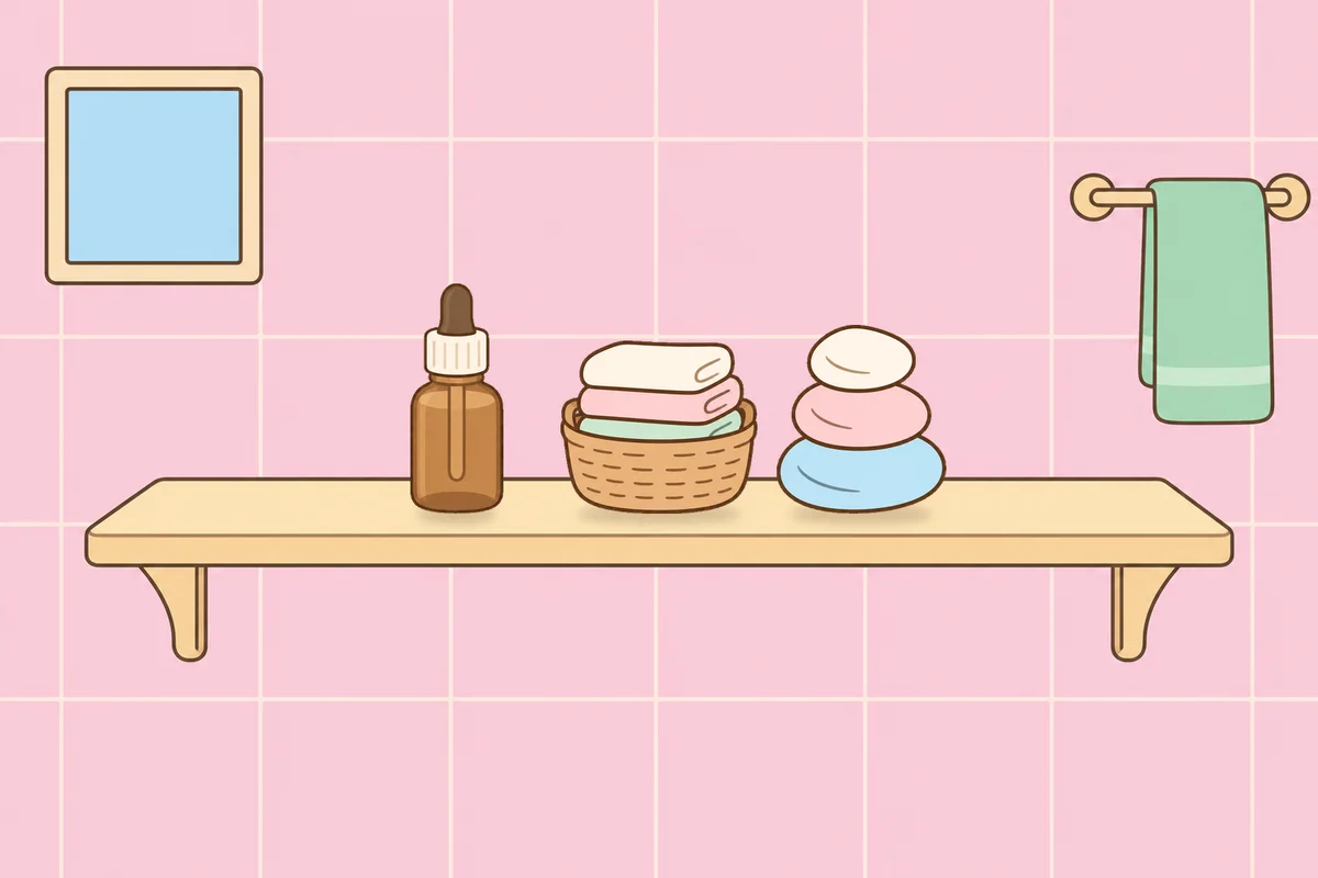 동대문 여성전용 홈케어 추천 안내 그림, 파우더룸 선반 위의 오일병, 수건 바구니, 조약돌