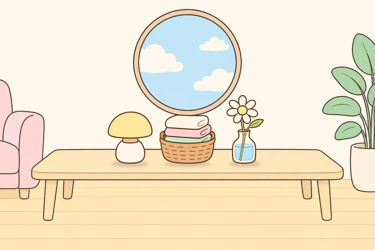 동대문 여성전용 발관리 안내 그림, 거실 원목 테이블 위의 무드등, 수건 바구니, 데이지 꽃병