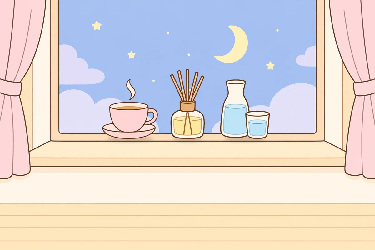 동대문 여성전용 발마사지 안내 그림, 밤 창가 창턱 위의 찻잔, 디퓨저, 물병