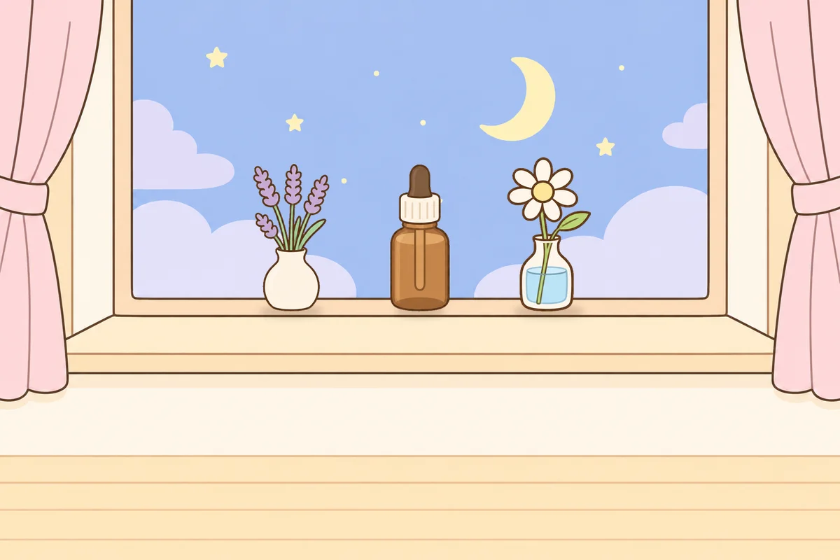 동대문 여성전용 부종 케어 안내 그림, 밤 창가 창턱 위의 라벤더 꽃병, 오일병, 데이지 꽃병