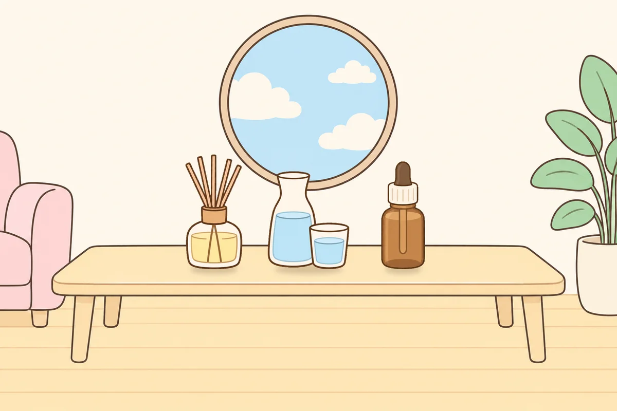 동대문 여성전용 복부 마사지 안내 그림, 거실 원목 테이블 위의 디퓨저, 물병, 오일병
