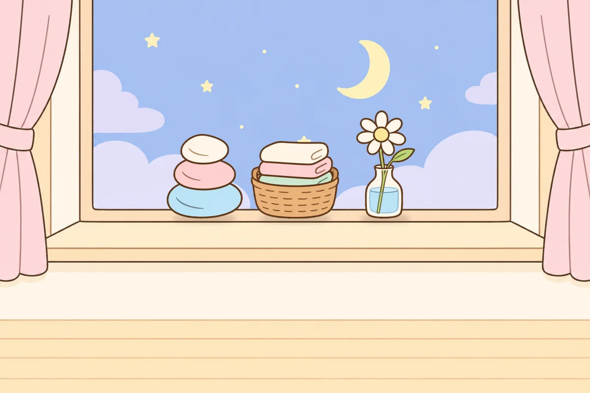 동대문 여성전용 수면 케어 안내 그림, 밤 창가 창턱 위의 조약돌, 수건 바구니, 데이지 꽃병