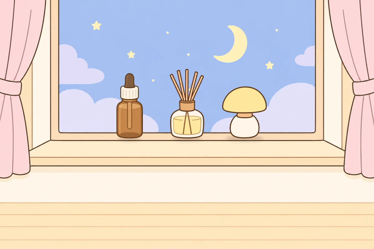 동대문 여성전용 안티에이징 케어 안내 그림, 밤 창가 창턱 위의 오일병, 디퓨저, 무드등