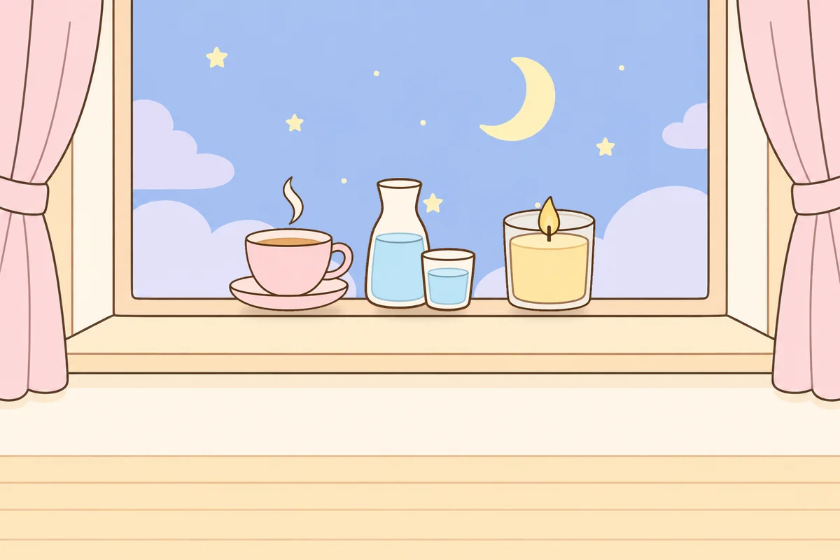 동대문 여성전용 마사지 후기 안내 그림, 밤 창가 창턱 위의 찻잔, 물병, 향초