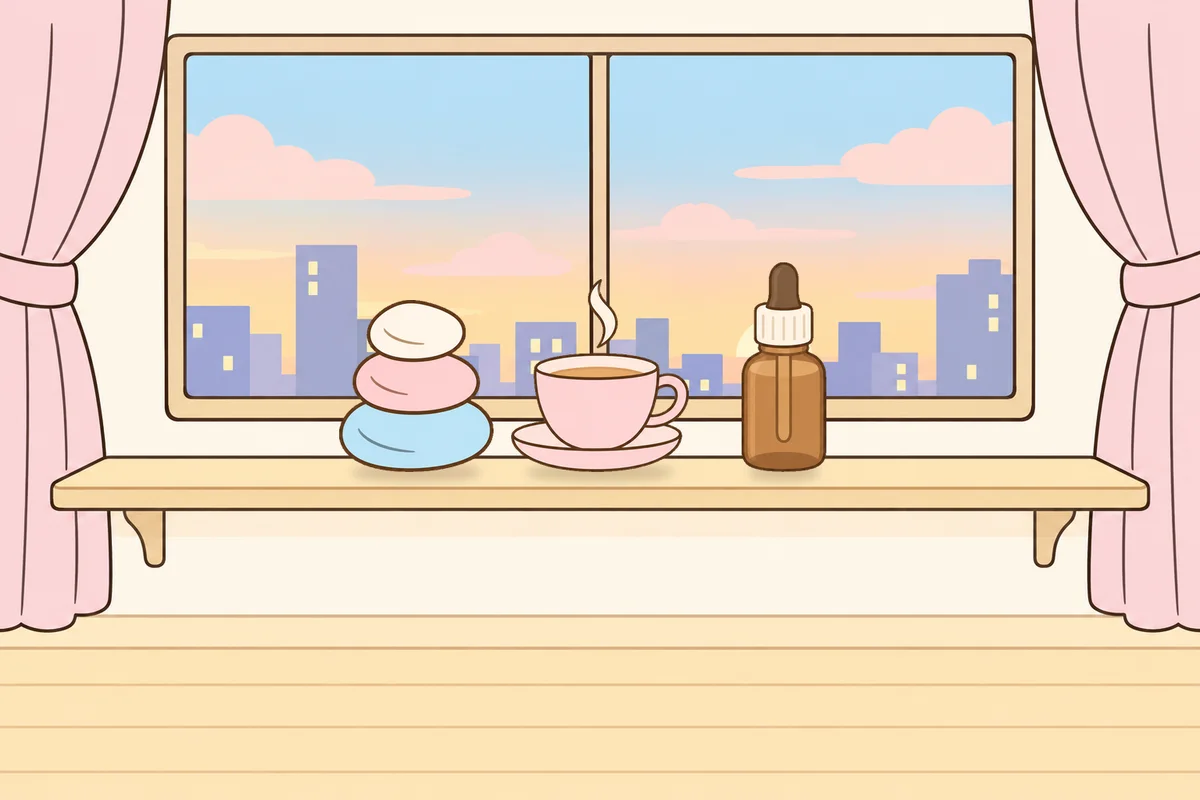 성북구 여성전용 아로마테라피 안내 그림, 호텔 창가 선반 위의 조약돌, 찻잔, 오일병