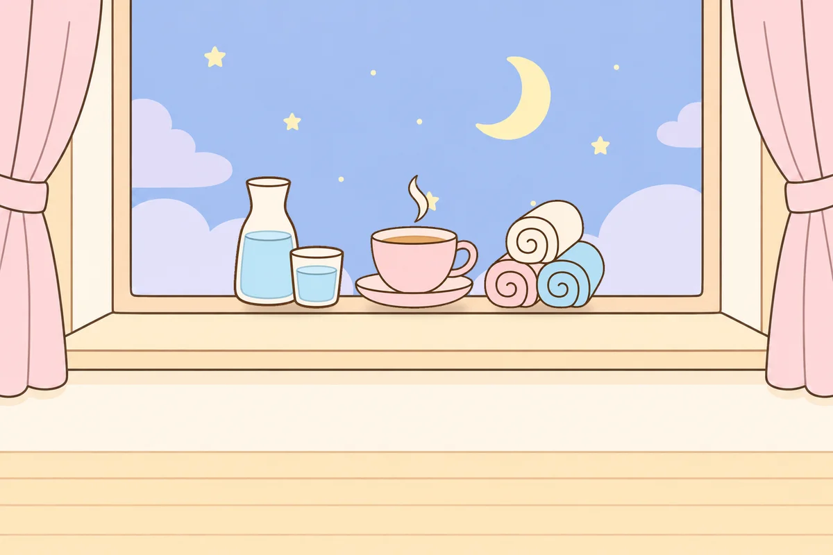 성북구 여성전용 스웨디시 후기 안내 그림, 밤 창가 창턱 위의 물병, 찻잔, 수건