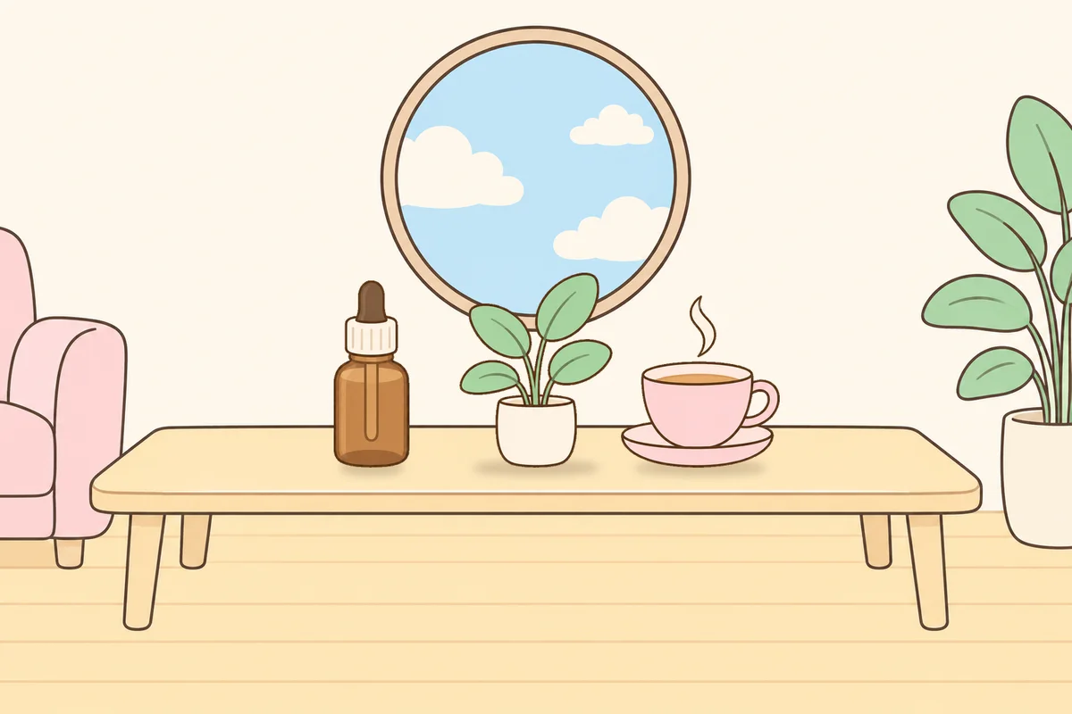 성북구 여성전용 경락마사지 안내 그림, 거실 원목 테이블 위의 오일병, 화분, 찻잔