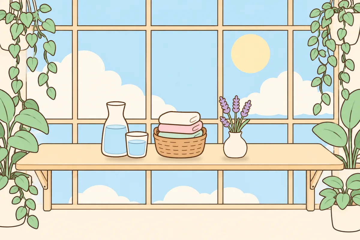 성북구 여성전용 얼굴 경락 안내 그림, 햇살 드는 창가 선반 위의 물병, 수건 바구니, 라벤더 꽃병