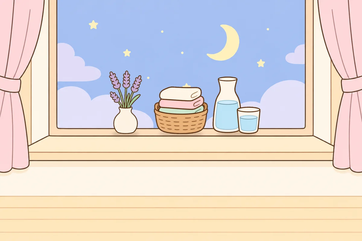 성북구 여성전용 경락 추천 안내 그림, 밤 창가 창턱 위의 라벤더 꽃병, 수건 바구니, 물병