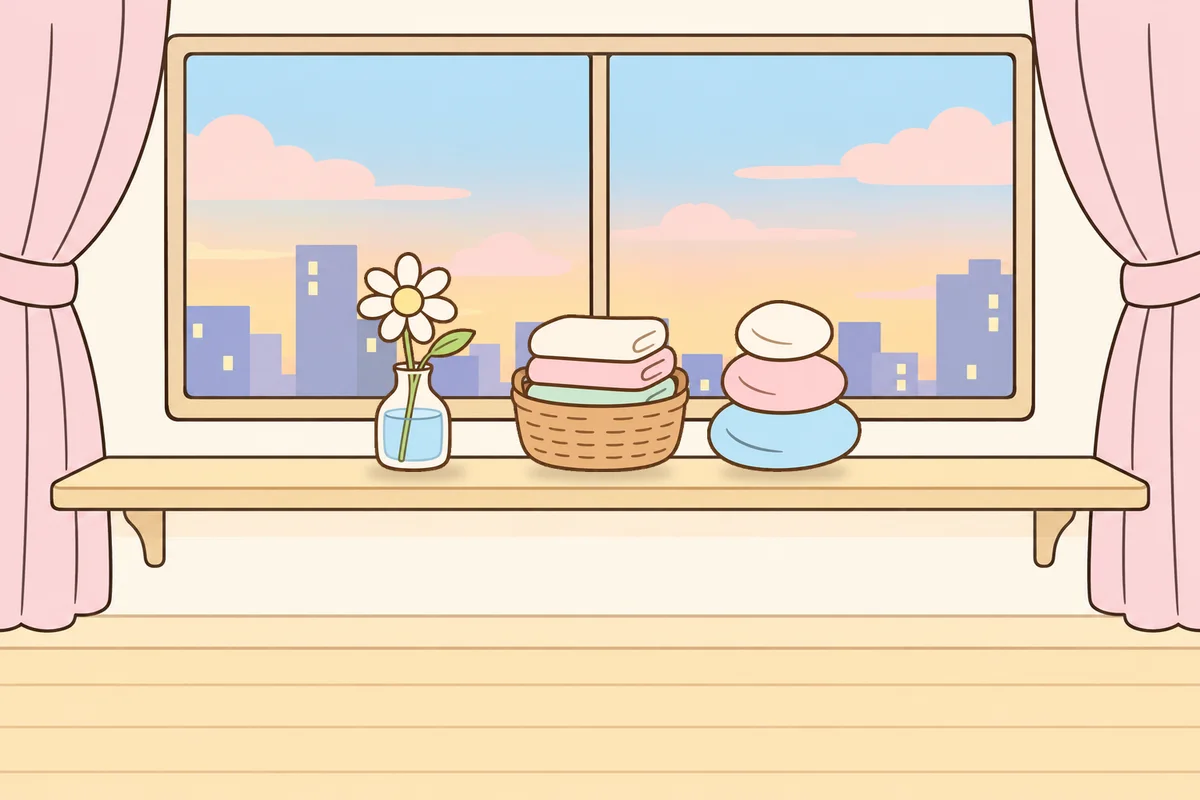 성북구 여성전용 홈케어 안내 그림, 호텔 창가 선반 위의 데이지 꽃병, 수건 바구니, 조약돌