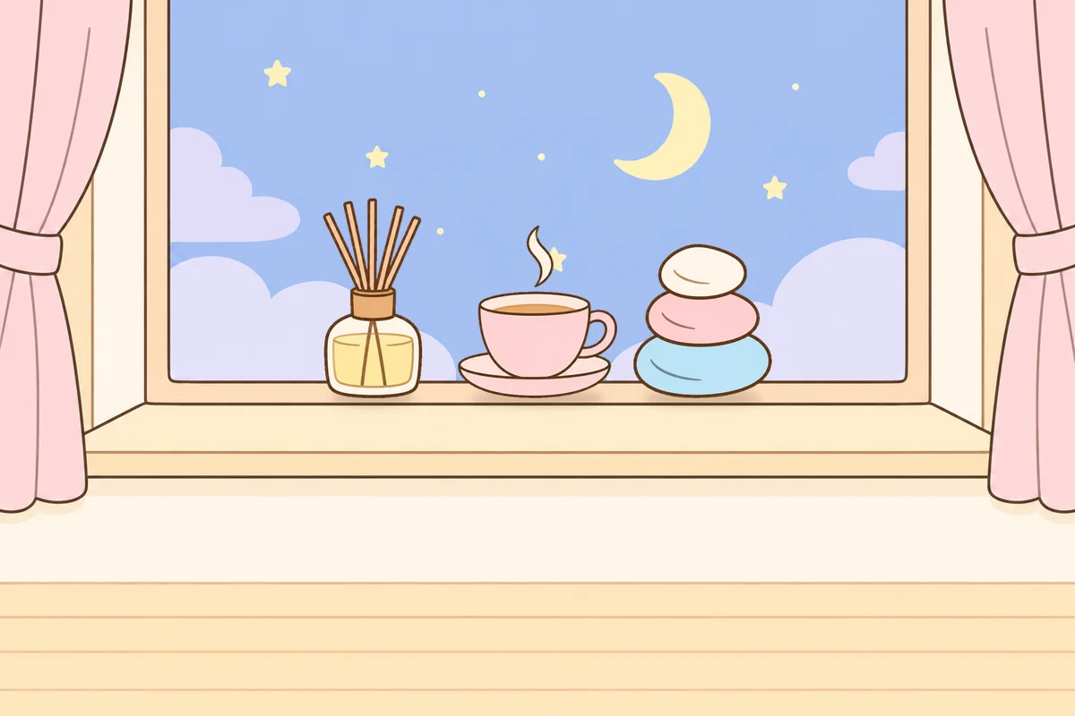 성북구 여성전용 발마사지 안내 그림, 밤 창가 창턱 위의 디퓨저, 찻잔, 조약돌