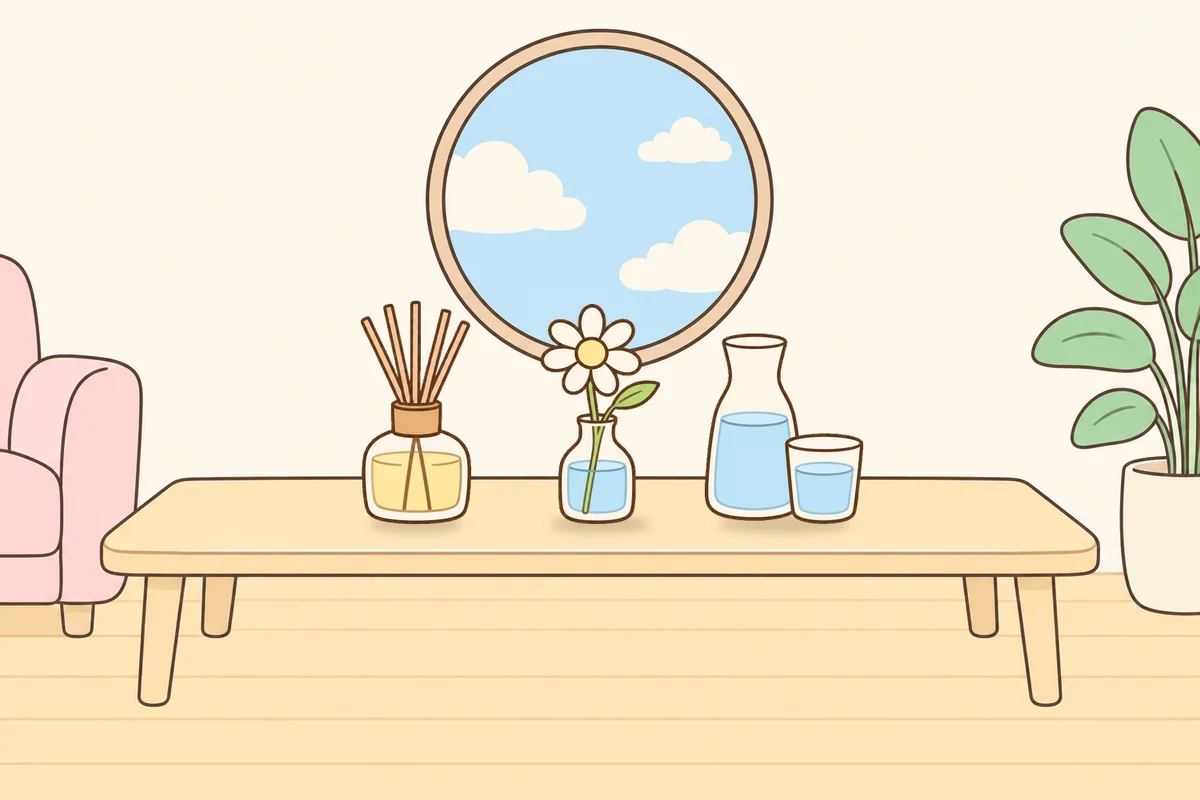 성북구 여성전용 발관리 추천 안내 그림, 거실 원목 테이블 위의 디퓨저, 데이지 꽃병, 물병