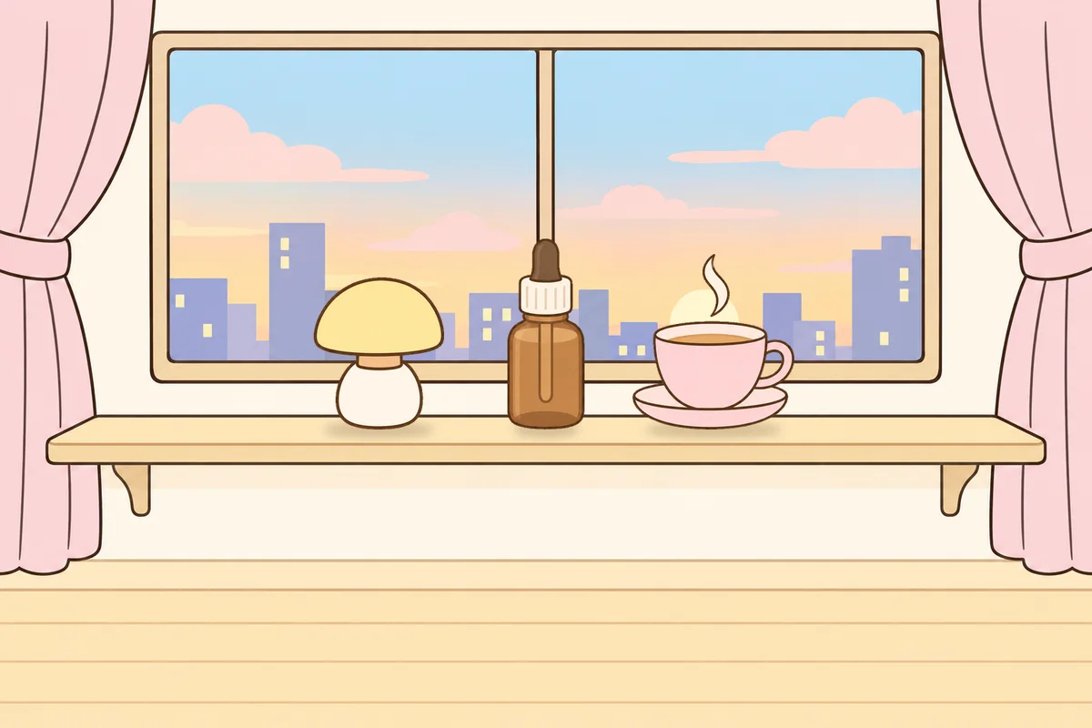 성북구 여성전용 슬리밍 마사지 안내 그림, 호텔 창가 선반 위의 무드등, 오일병, 찻잔