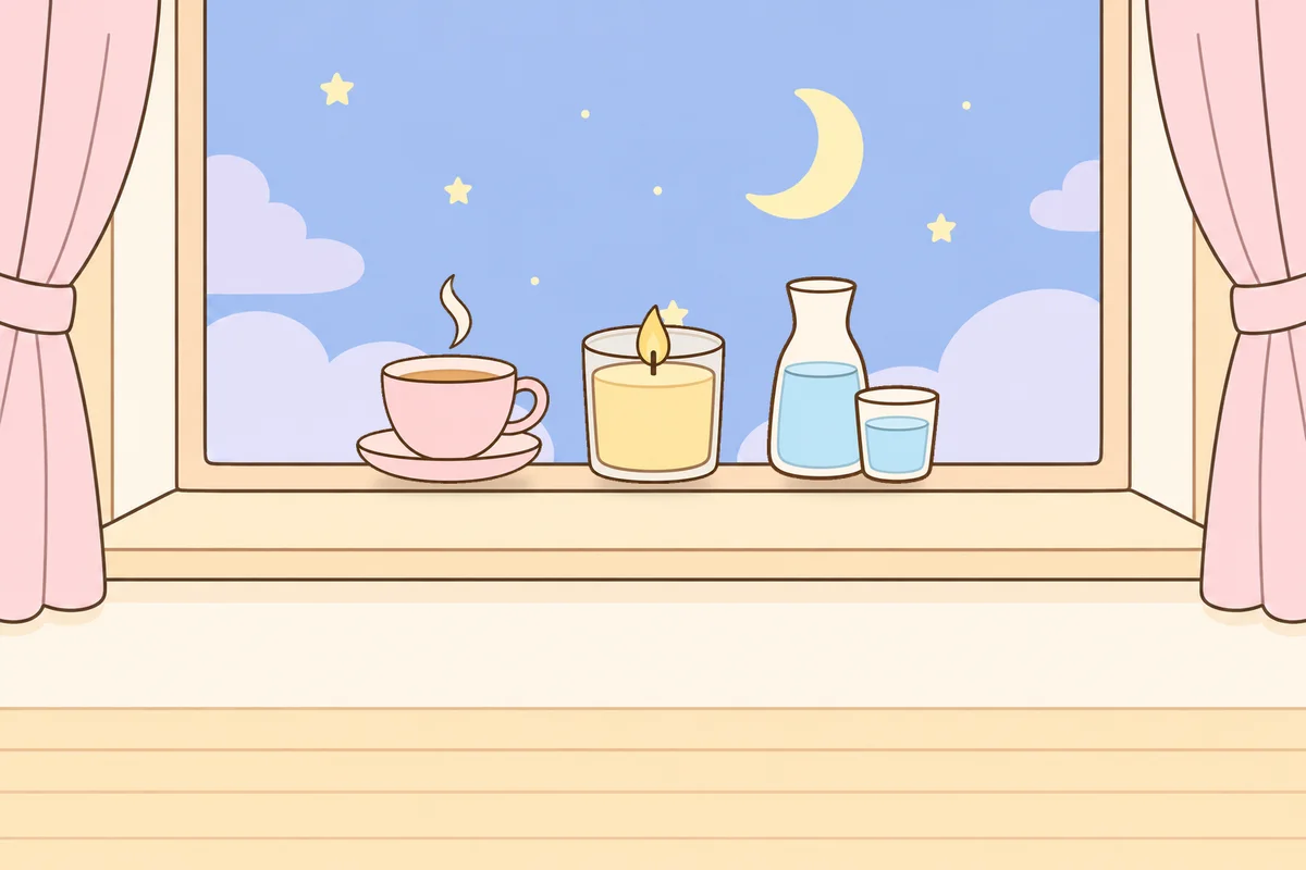 성북구 여성전용 등 마사지 안내 그림, 밤 창가 창턱 위의 찻잔, 향초, 물병