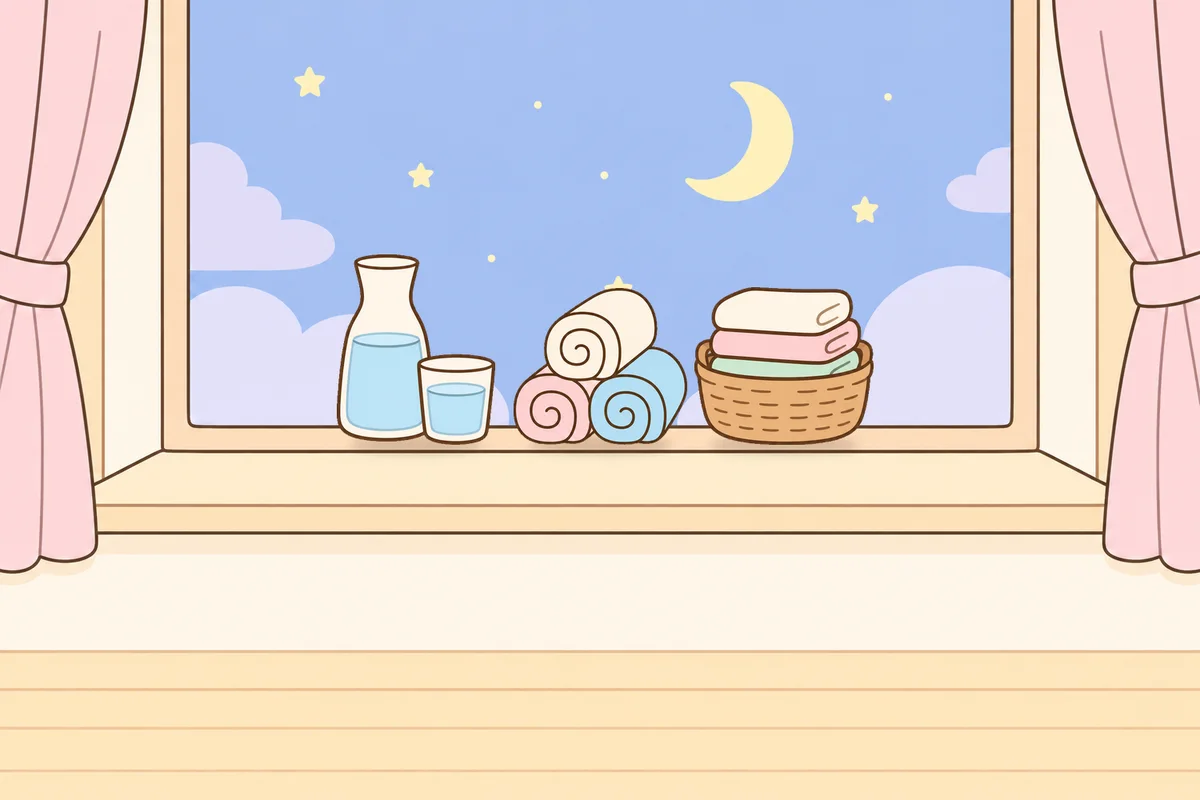 성북구 여성전용 두피 케어 안내 그림, 밤 창가 창턱 위의 물병, 수건, 수건 바구니
