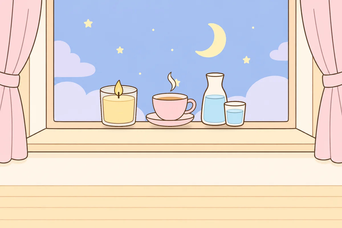 성북구 여성전용 어깨 마사지 안내 그림, 밤 창가 창턱 위의 향초, 찻잔, 물병