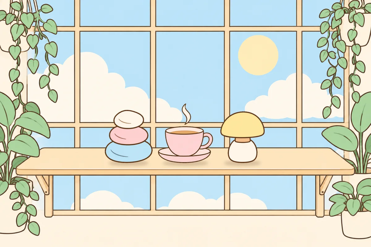 성북구 여성전용 목 어깨 케어 안내 그림, 햇살 드는 창가 선반 위의 조약돌, 찻잔, 무드등