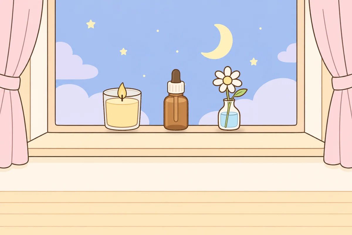 성북구 여성전용 브라이덜 케어 안내 그림, 밤 창가 창턱 위의 향초, 오일병, 데이지 꽃병