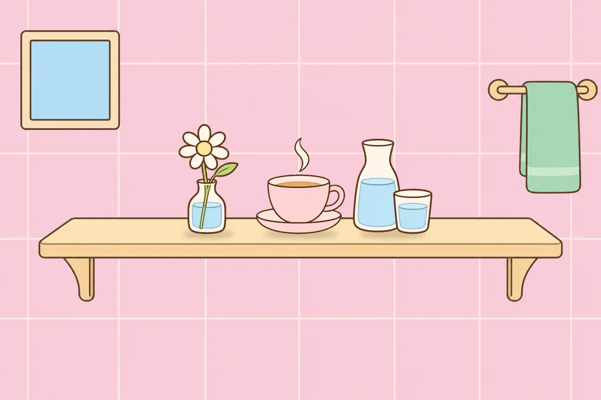 성북구 여성전용 마사지 예약 안내 그림, 파우더룸 선반 위의 데이지 꽃병, 찻잔, 물병
