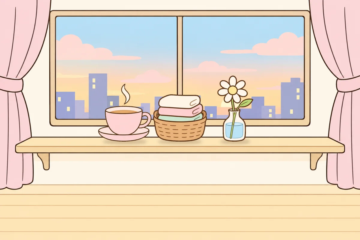 강북구 여성전용 스웨디시 홈케어 안내 그림, 호텔 창가 선반 위의 찻잔, 수건 바구니, 데이지 꽃병