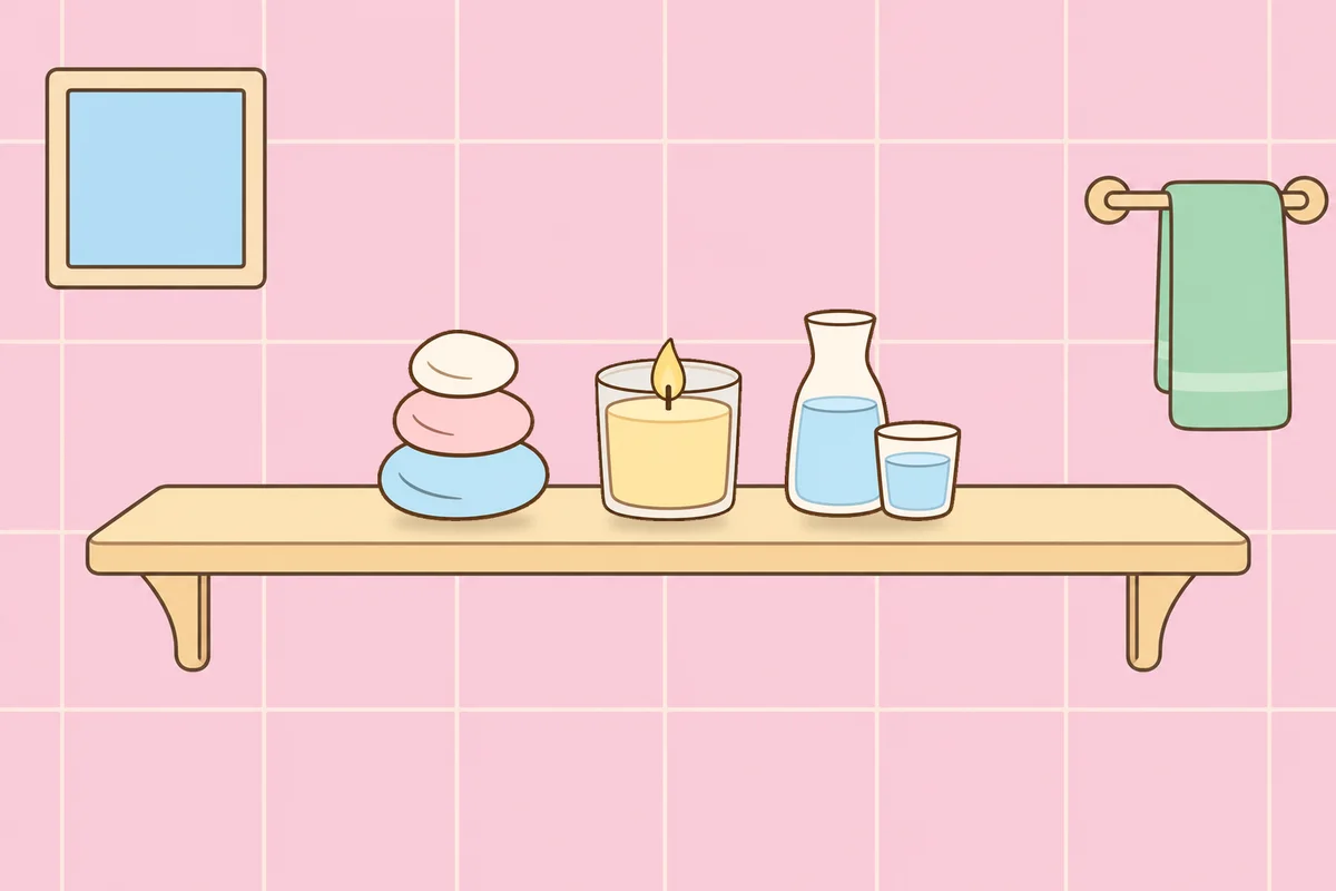 강북구 여성전용 아로마 가격 안내 그림, 파우더룸 선반 위의 조약돌, 향초, 물병