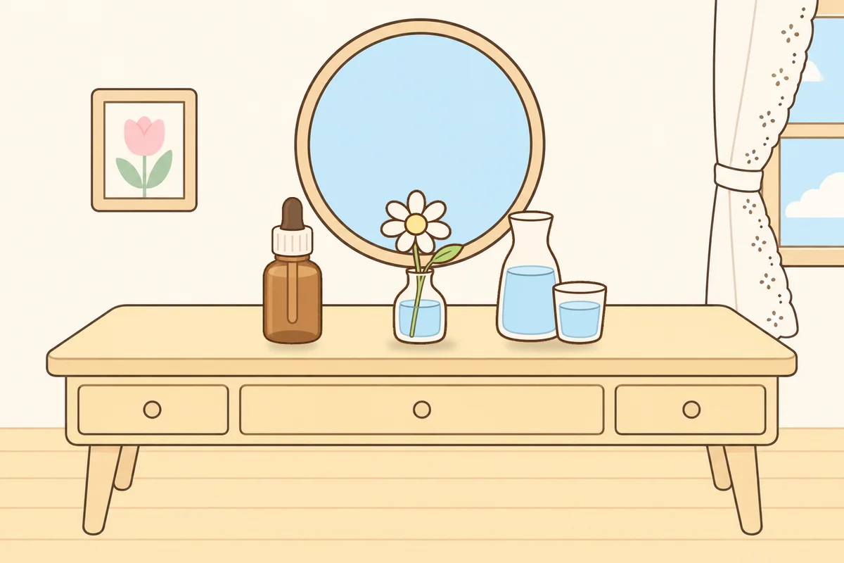 강북구 여성전용 방문 홈케어 안내 그림, 화장대 위의 오일병, 데이지 꽃병, 물병