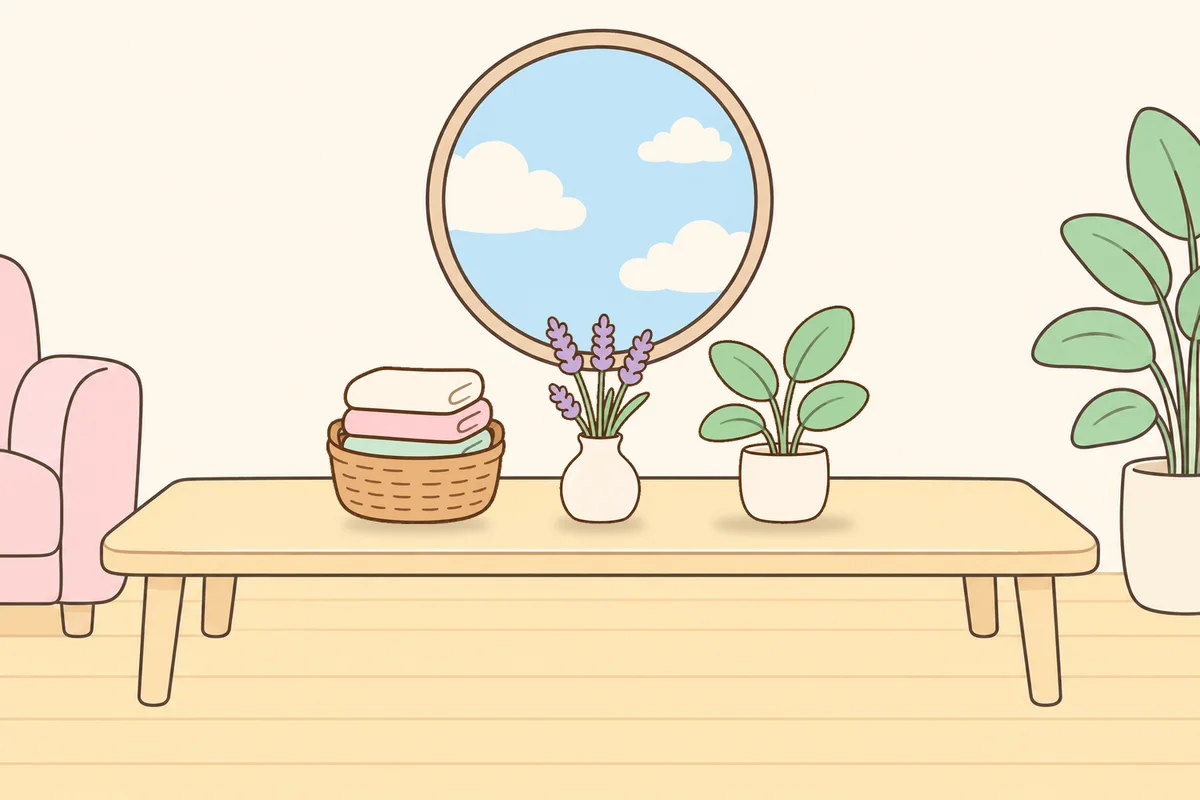 강북구 여성전용 홈케어 추천 안내 그림, 거실 원목 테이블 위의 수건 바구니, 라벤더 꽃병, 화분