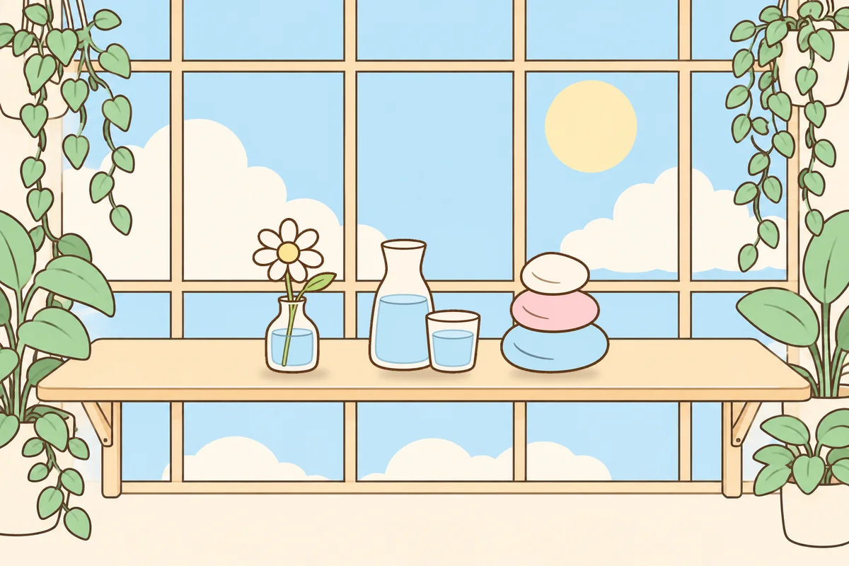 강북구 여성전용 바디 케어 안내 그림, 햇살 드는 창가 선반 위의 데이지 꽃병, 물병, 조약돌