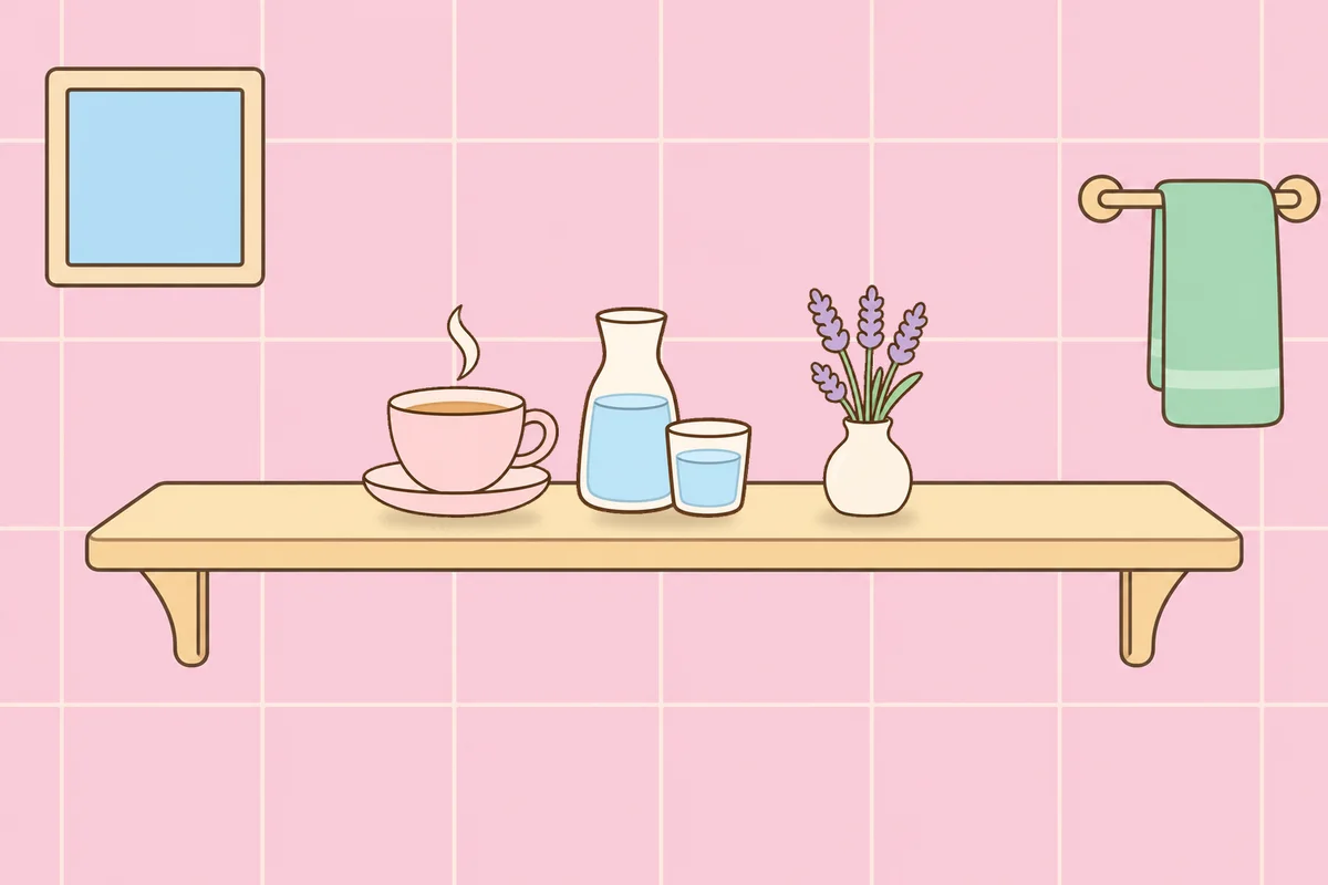 강북구 여성전용 디톡스 마사지 안내 그림, 파우더룸 선반 위의 찻잔, 물병, 라벤더 꽃병