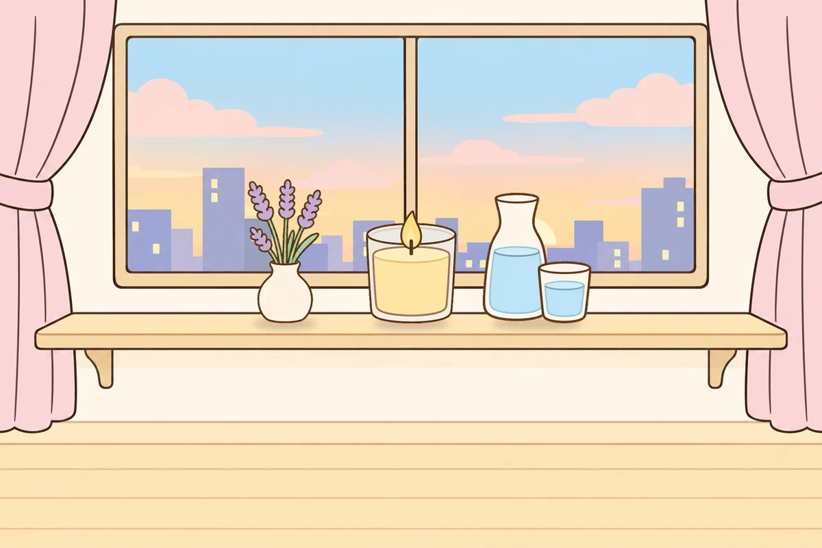 강북구 여성전용 목 어깨 케어 안내 그림, 호텔 창가 선반 위의 라벤더 꽃병, 향초, 물병