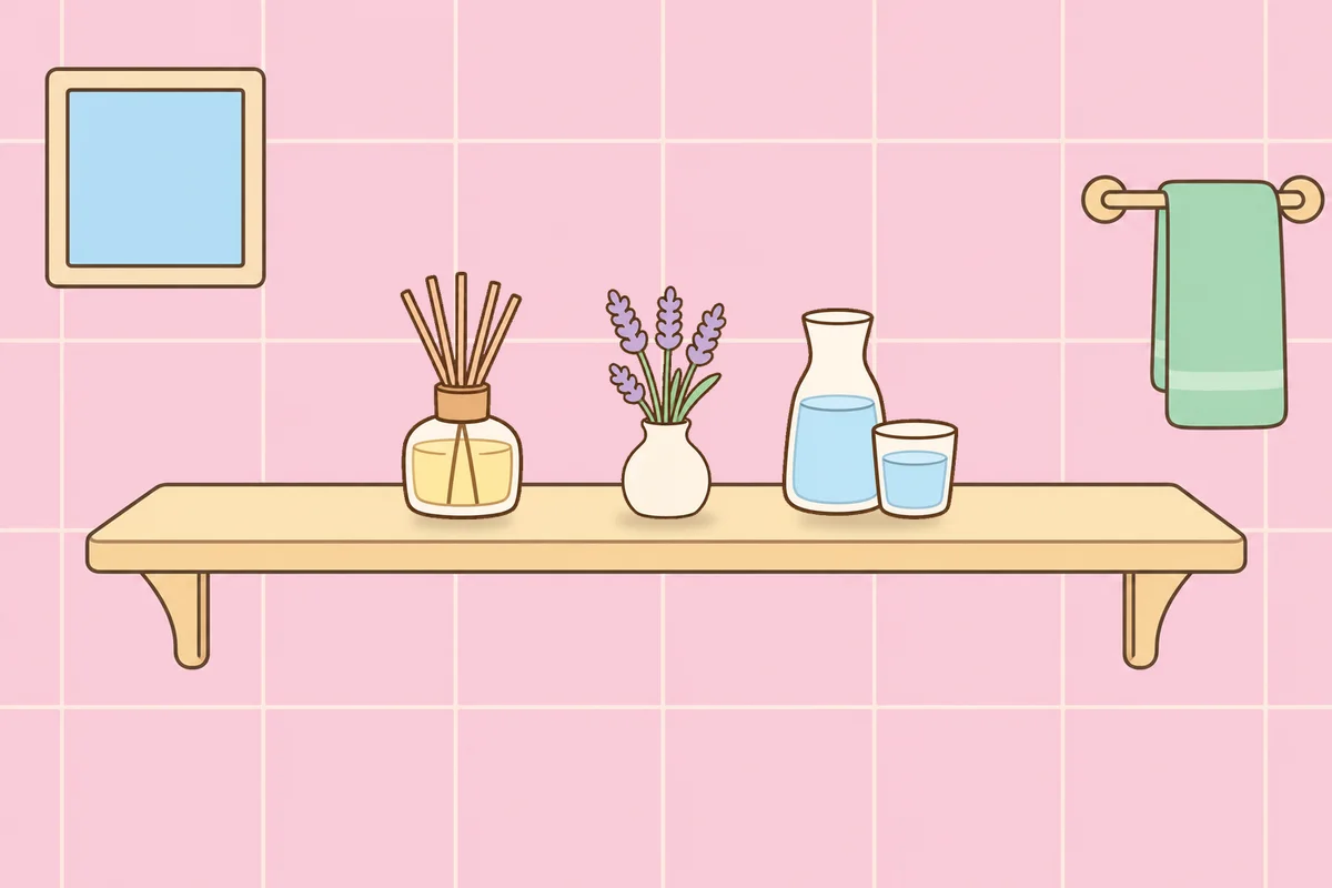 강북구 여성전용 스트레스 케어 안내 그림, 파우더룸 선반 위의 디퓨저, 라벤더 꽃병, 물병