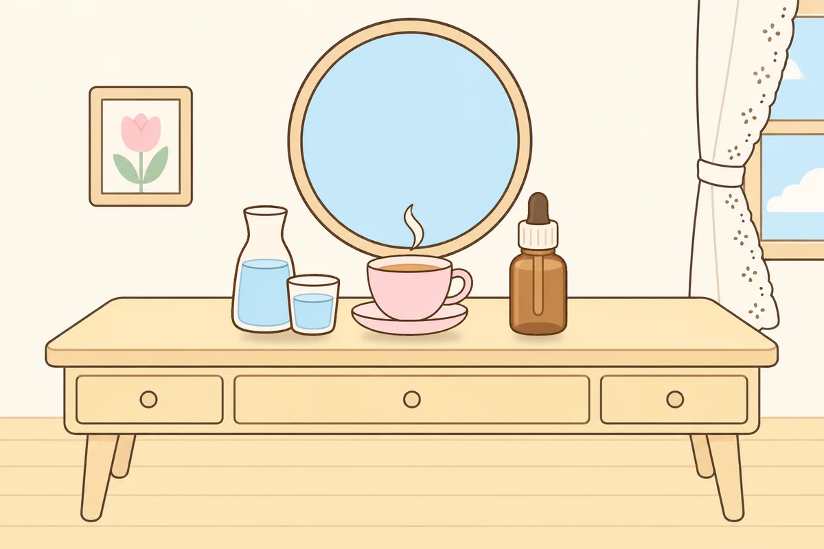 도봉구 여성전용 발 케어 안내 그림, 화장대 위의 물병, 찻잔, 오일병