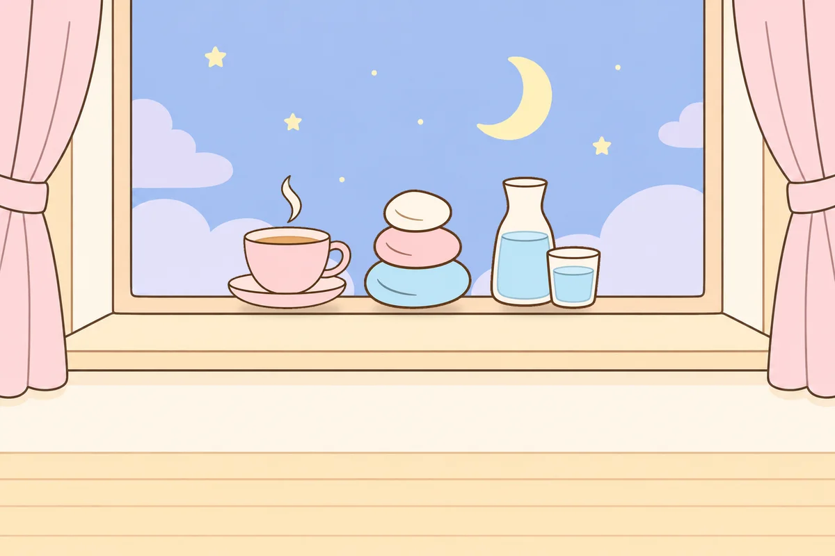 도봉구 여성전용 등 마사지 안내 그림, 밤 창가 창턱 위의 찻잔, 조약돌, 물병