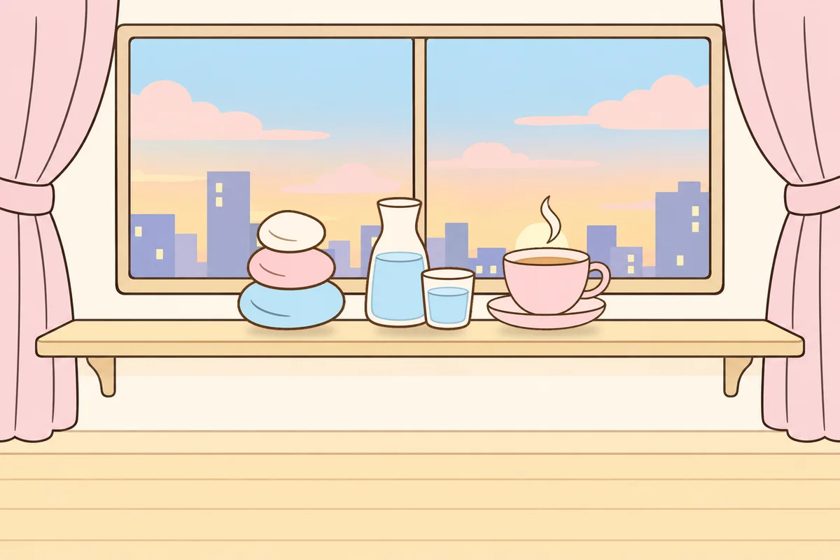 도봉구 여성전용 두피 케어 안내 그림, 호텔 창가 선반 위의 조약돌, 물병, 찻잔