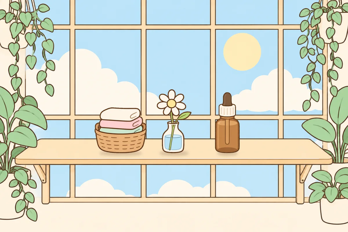 노원 여성전용 스웨디시 홈케어 안내 그림, 햇살 드는 창가 선반 위의 수건 바구니, 데이지 꽃병, 오일병