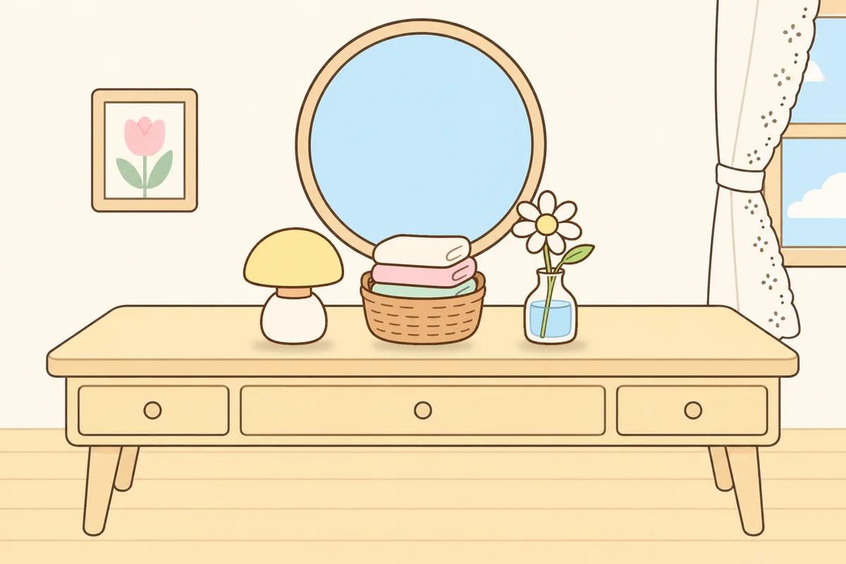 노원 여성전용 경락 마사지 안내 그림, 화장대 위의 무드등, 수건 바구니, 데이지 꽃병