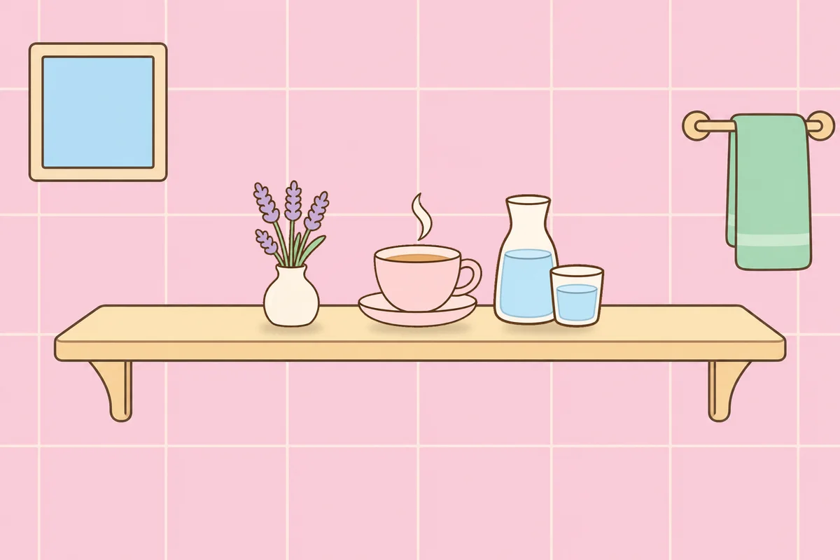 노원 여성전용 홈케어 안내 그림, 파우더룸 선반 위의 라벤더 꽃병, 찻잔, 물병