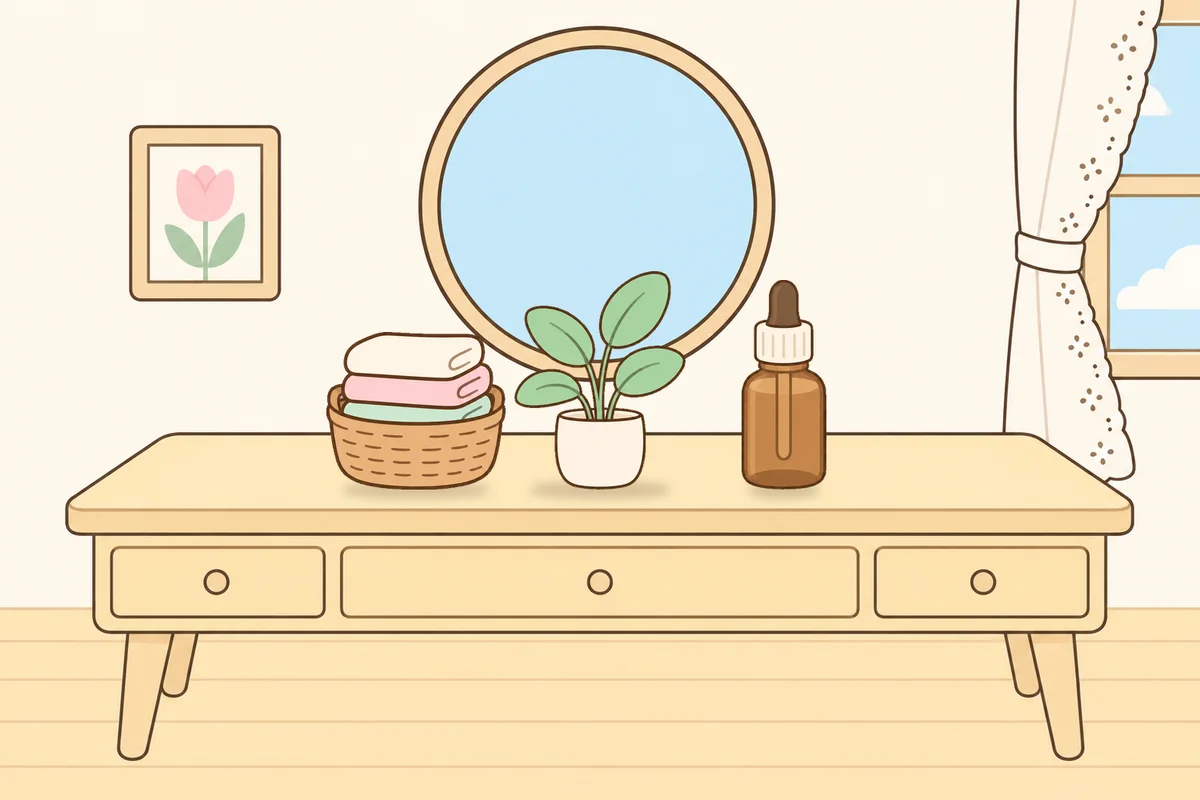 노원 여성전용 발 케어 안내 그림, 화장대 위의 수건 바구니, 화분, 오일병